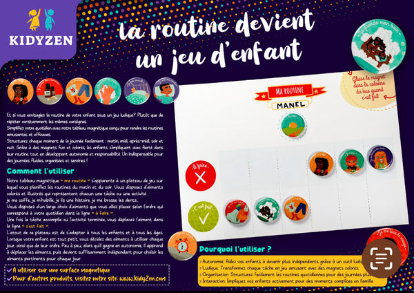 Tableau magnétique « ma routine » + 5 magnets « les moments de la journée » + 12 magnets « routine quotidienne »